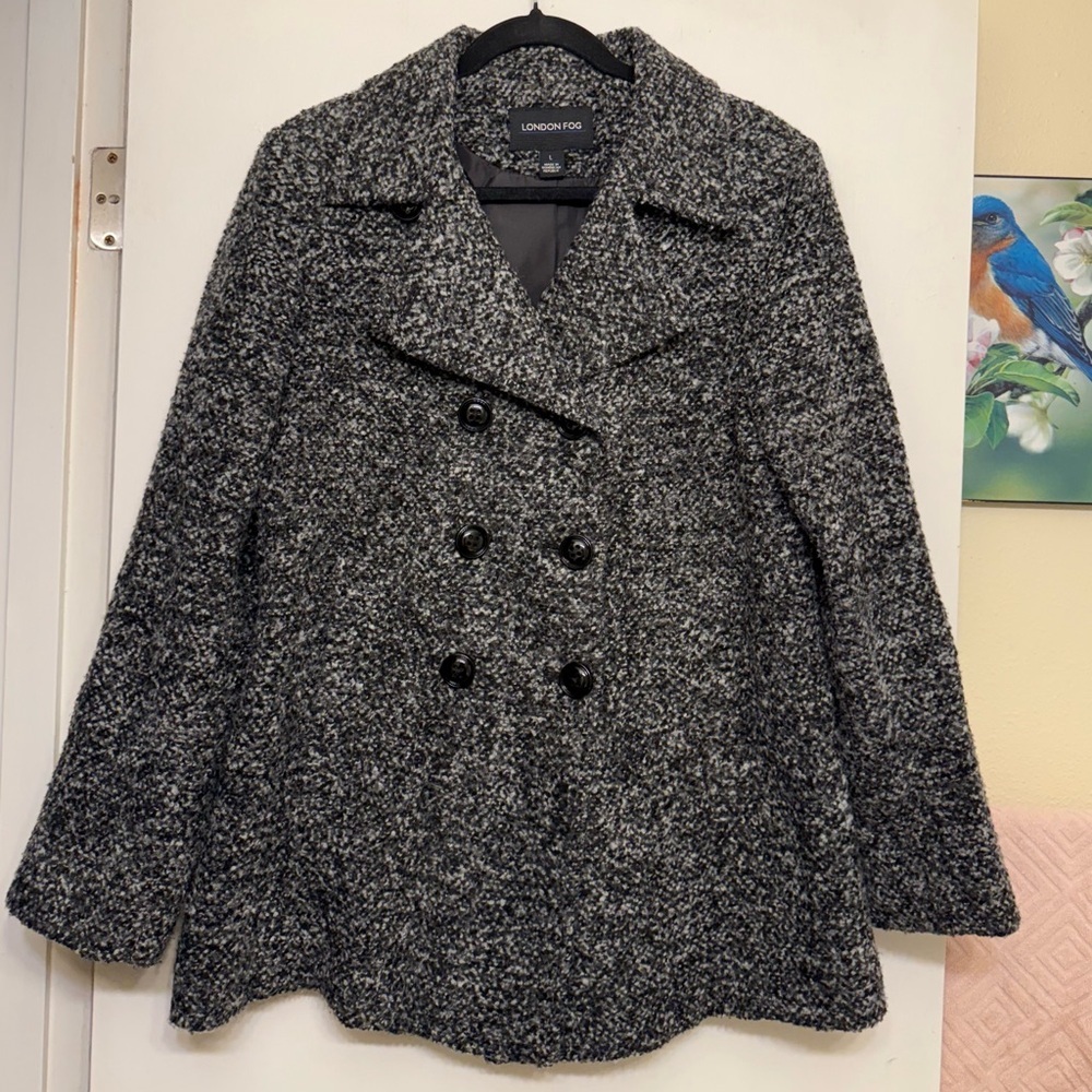 London Fog Peacoat Wool Blend Salt & Pepper Tweed Double-Breasted Jacket, Large